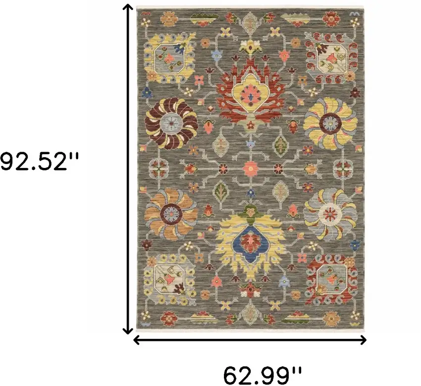Grey Charcoal Yellow Blue Rust Red Pink Green And Ivory Oriental Power Loom Stain Resistant Area Rug With Fringe Photo 9