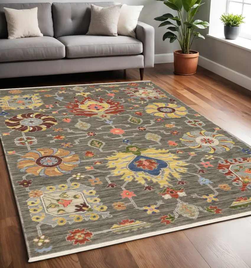 Gray and Ivory Oriental Power Loom Area Rug With Fringe Photo 1