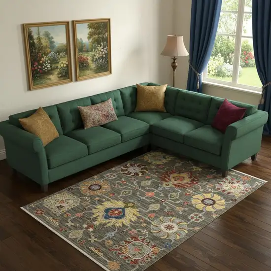 6' X 9' Grey Charcoal Yellow Blue Rust Red Pink Green And Ivory Oriental Power Loom Stain Resistant Area Rug With Fringe Photo 1