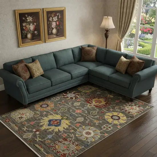 Grey Charcoal Yellow Blue Rust Red Pink Green And Ivory Oriental Power Loom Stain Resistant Area Rug With Fringe Photo 1