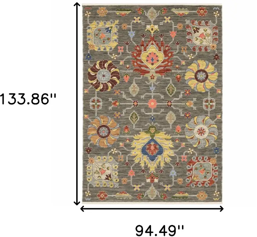 Grey Charcoal Yellow Blue Rust Red Pink Green And Ivory Oriental Power Loom Stain Resistant Area Rug With Fringe Photo 9