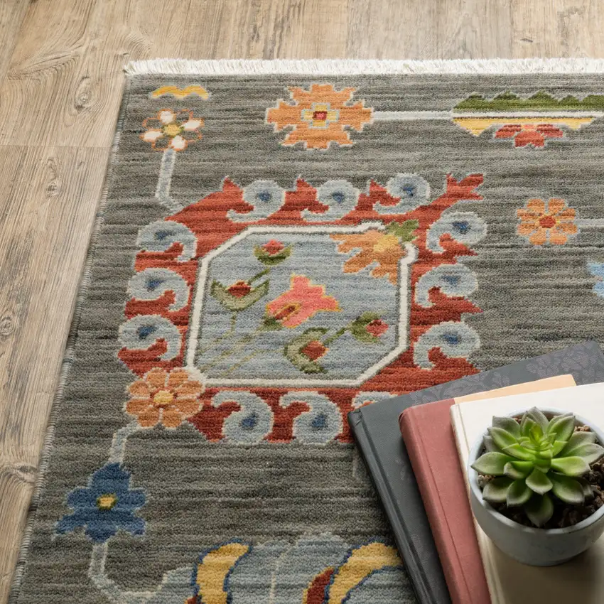 Grey Charcoal Yellow Blue Rust Red Pink Green And Ivory Oriental Power Loom Stain Resistant Area Rug With Fringe Photo 7