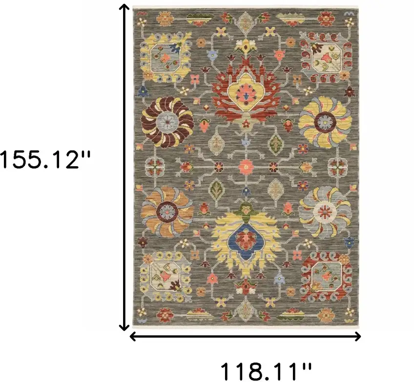 Grey Charcoal Yellow Blue Rust Red Pink Green And Ivory Oriental Power Loom Stain Resistant Area Rug With Fringe Photo 9