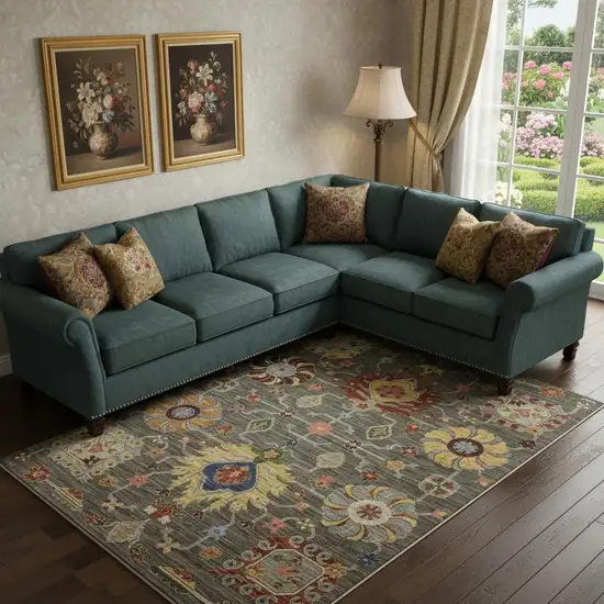 Grey Charcoal Yellow Blue Rust Red Pink Green And Ivory Oriental Power Loom Stain Resistant Area Rug With Fringe Photo 1