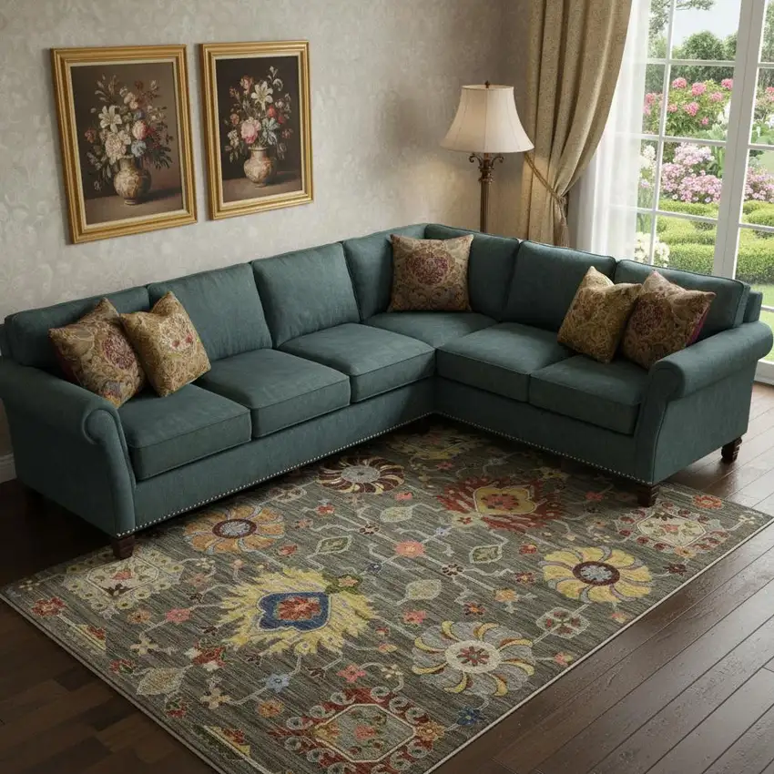 Grey Charcoal Yellow Blue Rust Red Pink Green And Ivory Oriental Power Loom Stain Resistant Area Rug With Fringe Photo 1