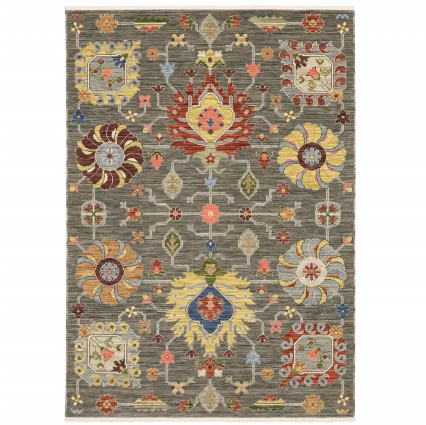 Grey Charcoal Yellow Blue Rust Red Pink Green And Ivory Oriental Power Loom Stain Resistant Runner Rug With Fringe Photo 1