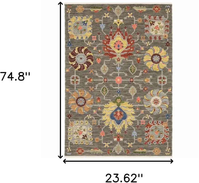 Grey Charcoal Yellow Blue Rust Red Pink Green And Ivory Oriental Power Loom Stain Resistant Runner Rug With Fringe Photo 8