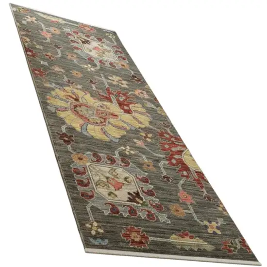 2' X 6' Grey Charcoal Yellow Blue Rust Red Pink Green And Ivory Oriental Power Loom Stain Resistant Runner Rug With Fringe Photo 2