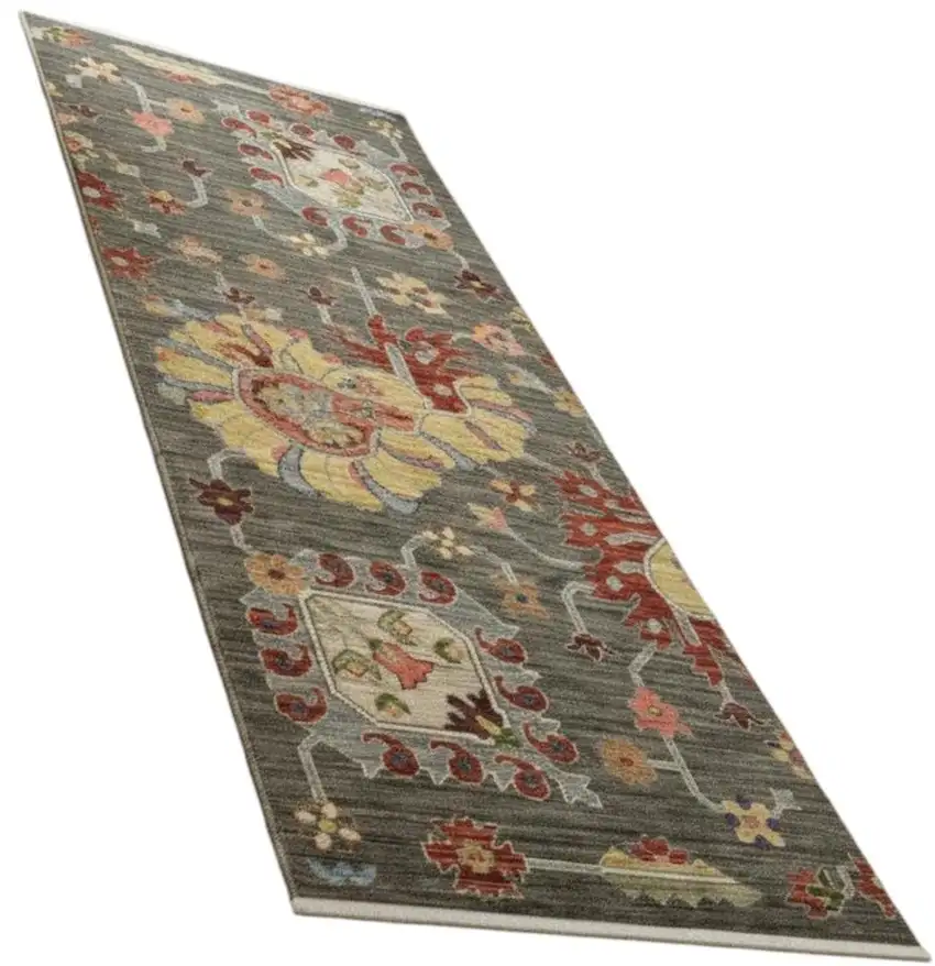 2' X 6' Grey Charcoal Yellow Blue Rust Red Pink Green And Ivory Oriental Power Loom Stain Resistant Runner Rug With Fringe Photo 2