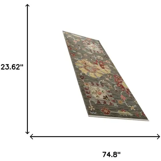 2' X 6' Grey Charcoal Yellow Blue Rust Red Pink Green And Ivory Oriental Power Loom Stain Resistant Runner Rug With Fringe Photo 3