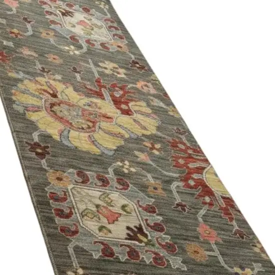 2' X 6' Grey Charcoal Yellow Blue Rust Red Pink Green And Ivory Oriental Power Loom Stain Resistant Runner Rug With Fringe Photo 4