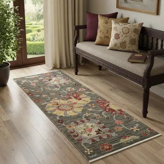 2' X 6' Grey Charcoal Yellow Blue Rust Red Pink Green And Ivory Oriental Power Loom Stain Resistant Runner Rug With Fringe Photo 1