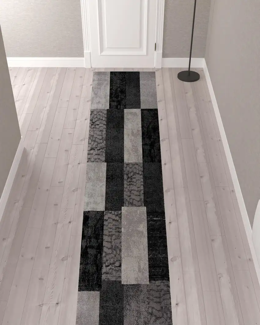 Grey Checkered Power Loom Runner Rug Photo 2