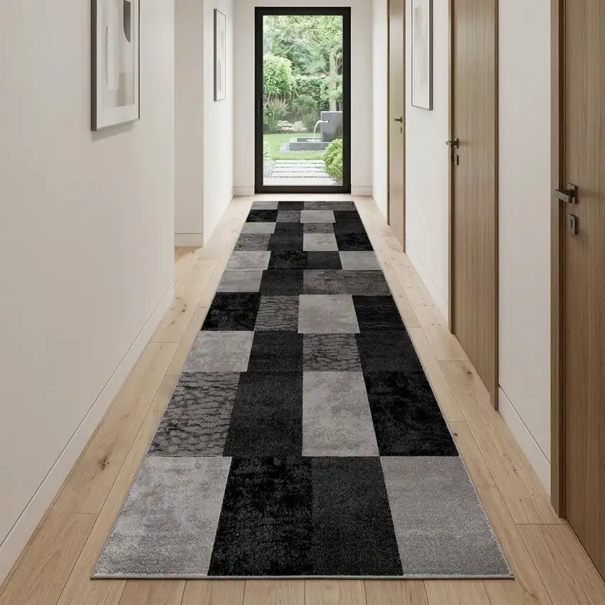 13' Gray And Black Geometric Shag Runner Rug Photo 1