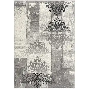 Photo of Grey Damask Power Loom Stain Resistant Area Rug