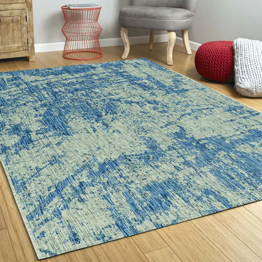 Grey Denim Machine Woven UV Treated Abstract Brushstroke Indoor Outdoor Area Rug Photo 5
