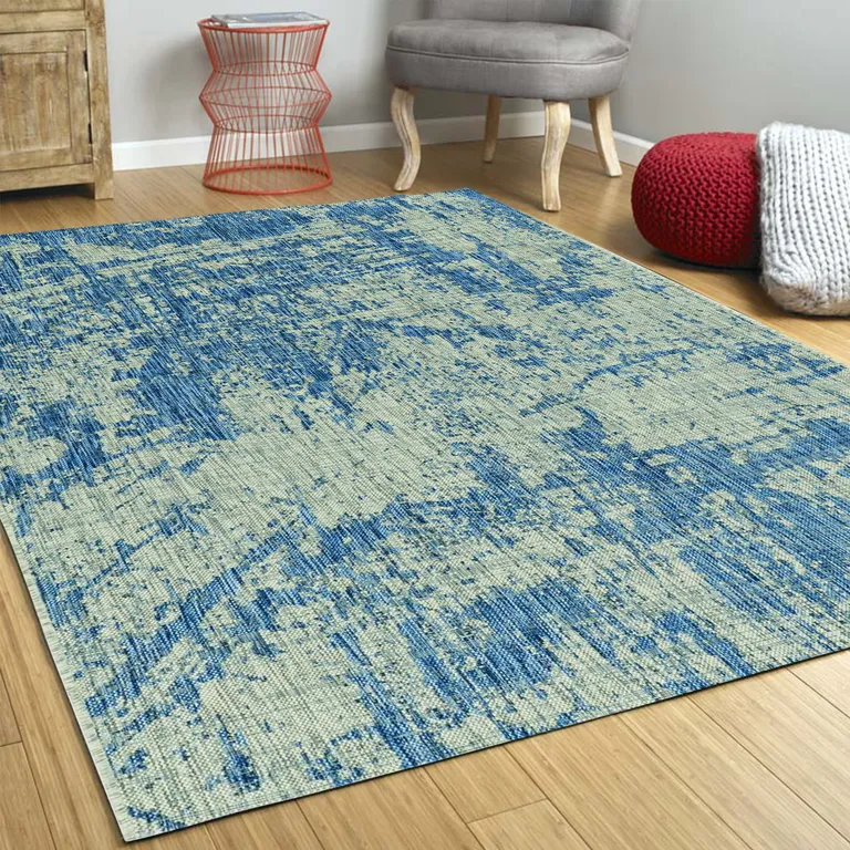 Grey Denim Machine Woven UV Treated Abstract Brushstroke Indoor Outdoor Area Rug Photo 5