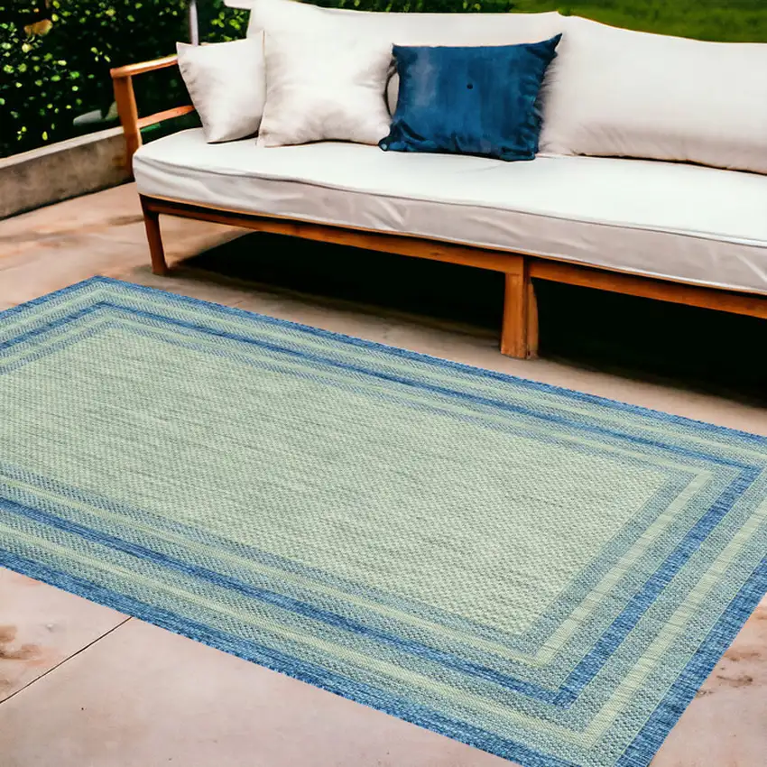 8'X11' Grey Denim Machine Woven Uv Treated Bordered Indoor Outdoor Area Rug Photo 1