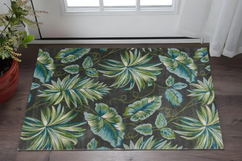 Gray Teal And Green Botanical Leaves Area Rug Photo 1