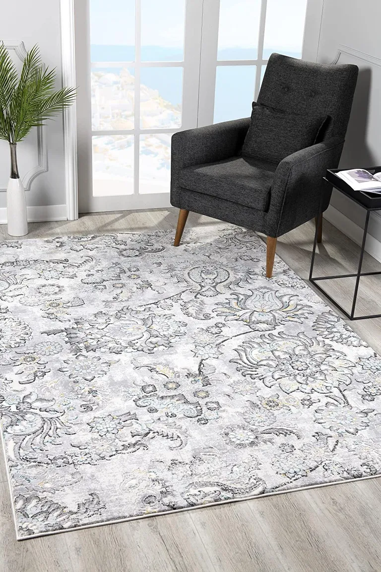 Grey Floral Power Loom Stain Resistant Area Rug Photo 4
