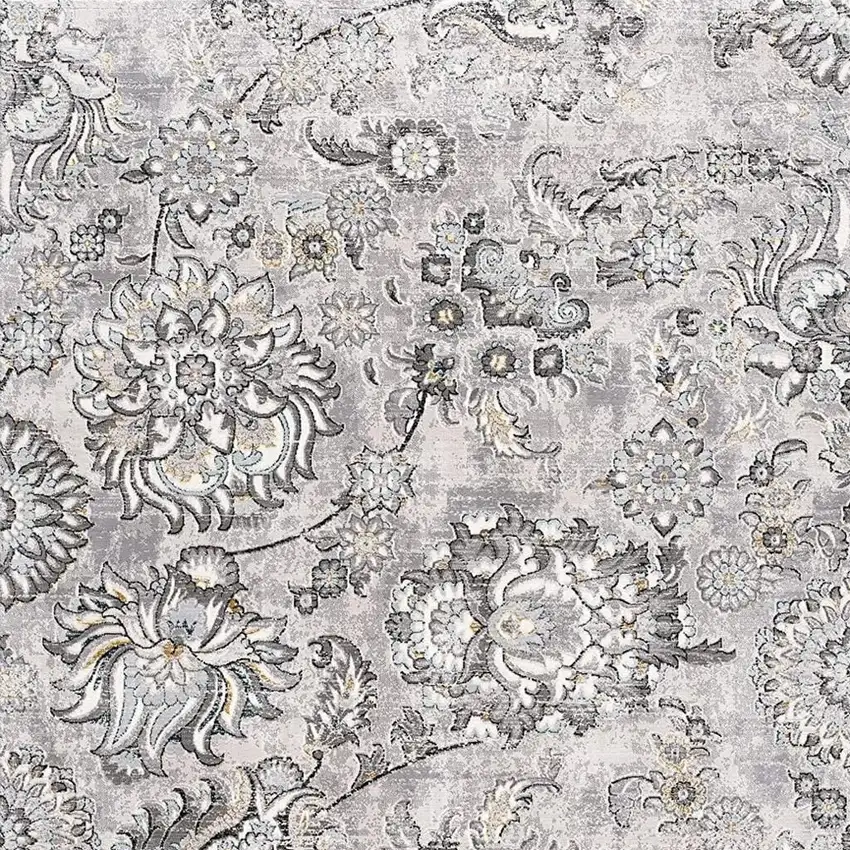 13' Gray And Ivory Floral Shag Runner Rug Photo 8