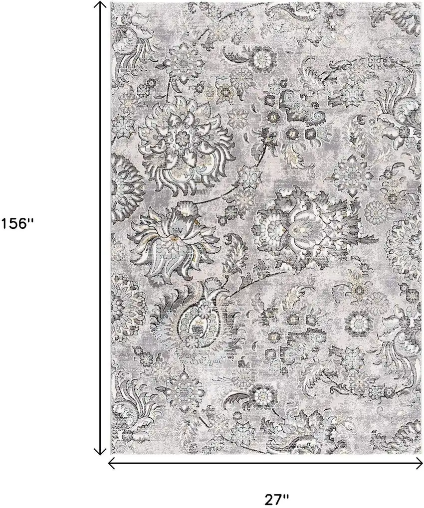 13' Gray And Ivory Floral Shag Runner Rug Photo 3