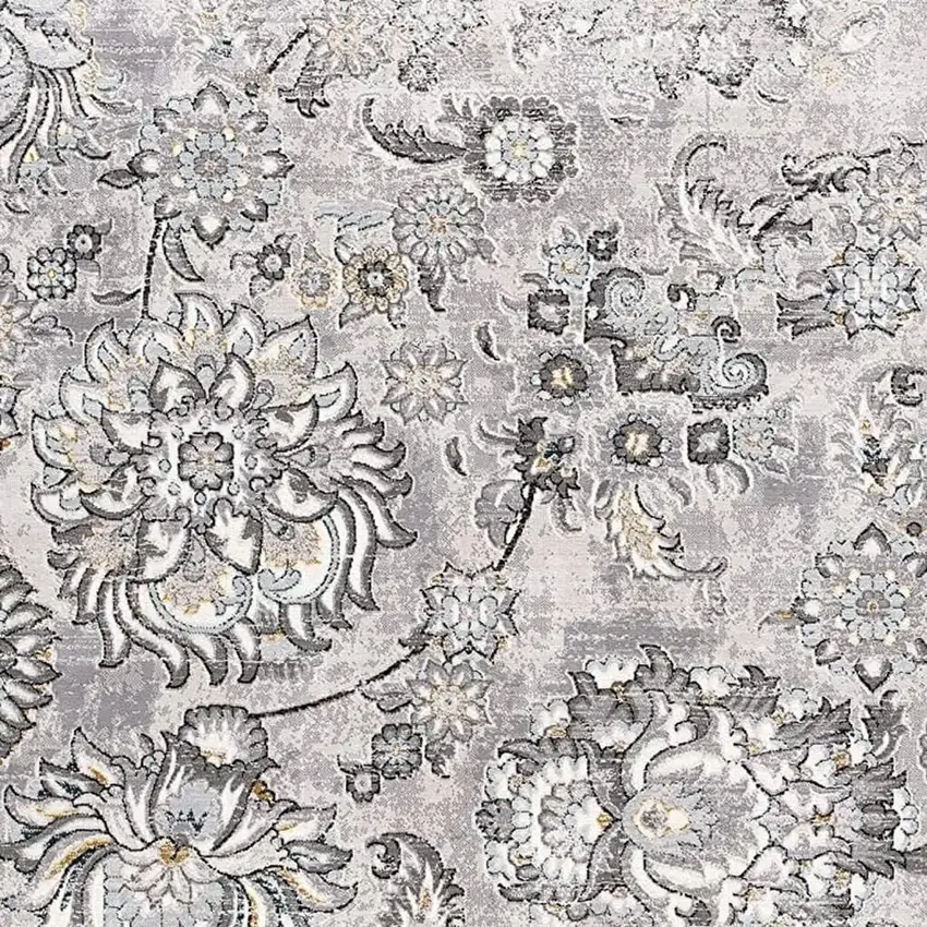 13' Gray And Ivory Floral Shag Runner Rug Photo 9