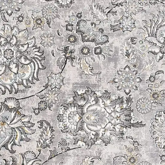 13' Gray And Ivory Floral Shag Runner Rug Photo 4