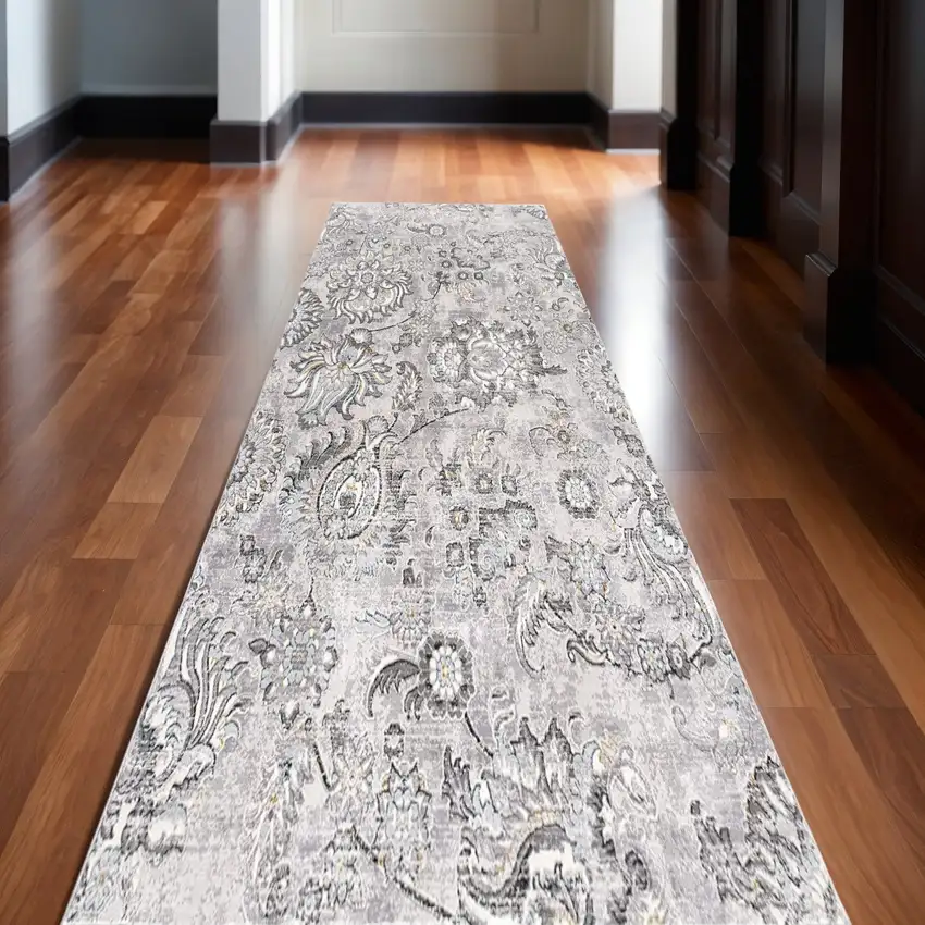 13' Gray And Ivory Floral Shag Runner Rug Photo 1