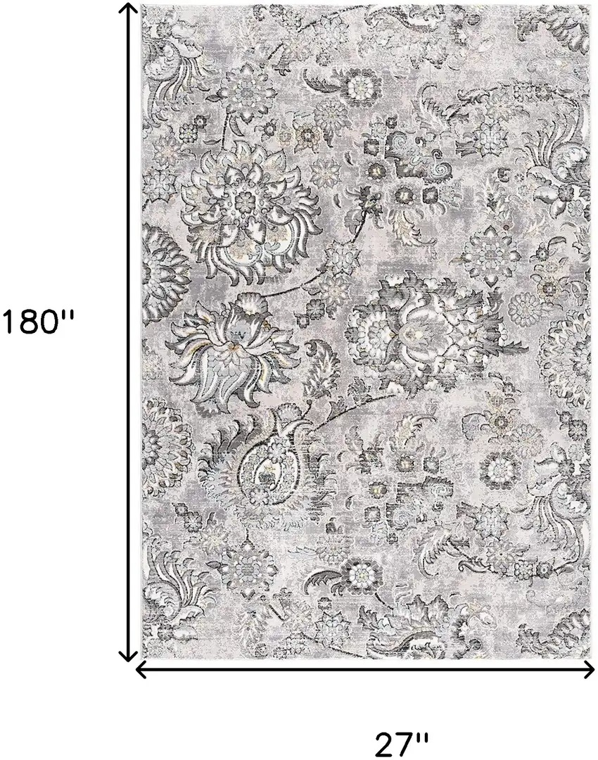 2' X 15' Grey Floral Power Loom Stain Resistant Area Rug Photo 8