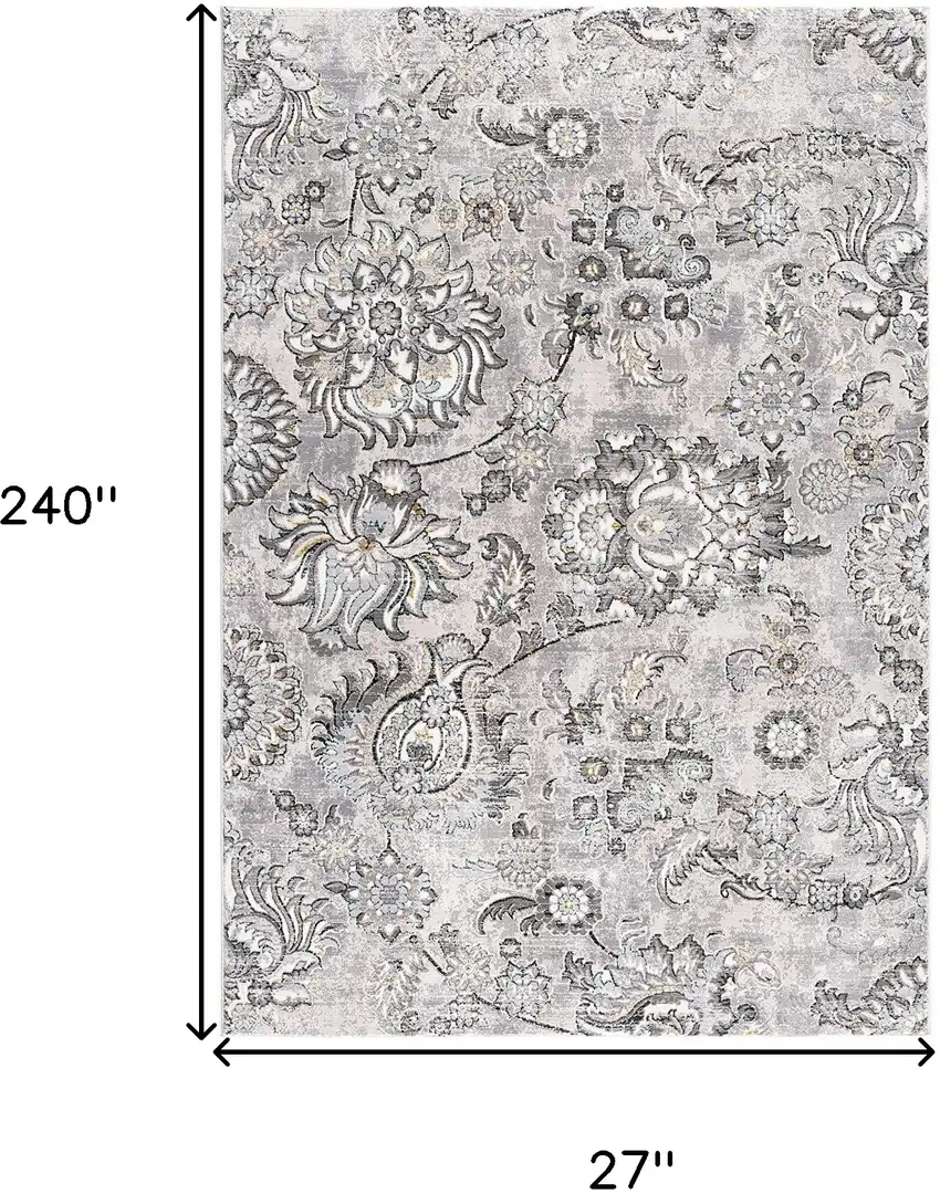 2' X 20' Grey Floral Power Loom Stain Resistant Area Rug Photo 8