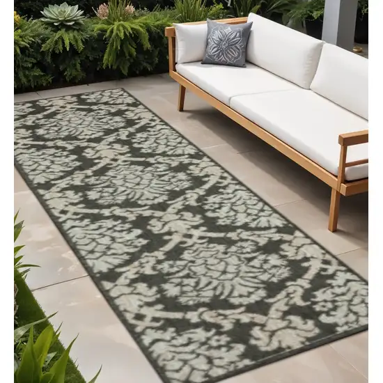 Gray Floral Stain Resistant Indoor Outdoor Area Rug Photo 1