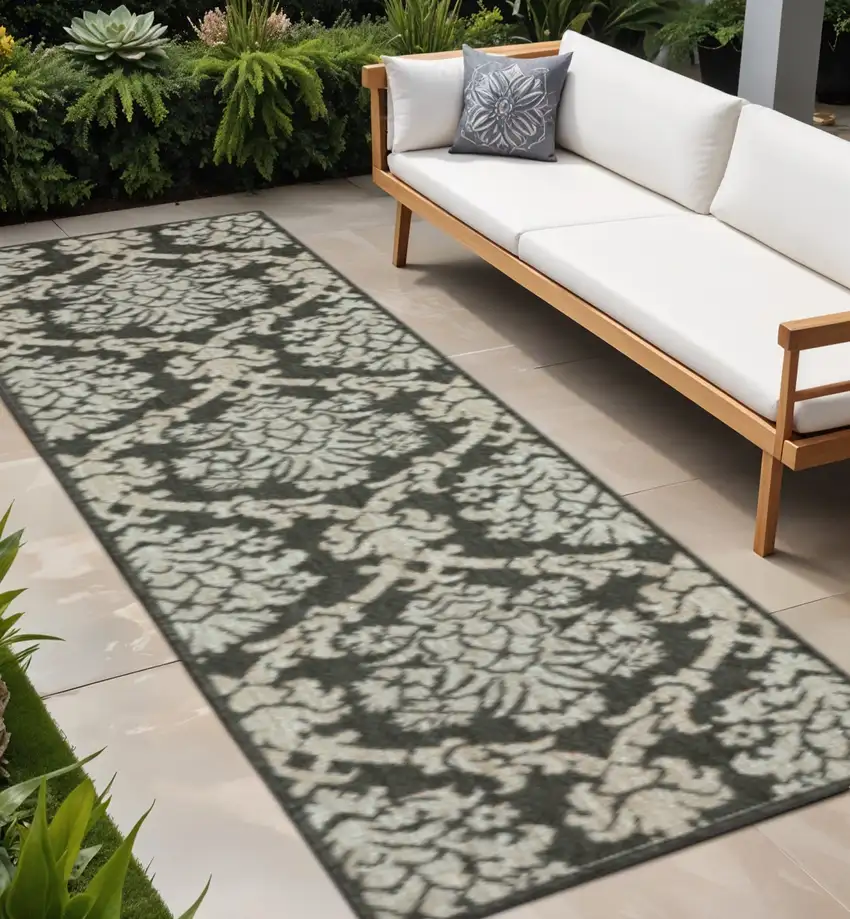 Gray Floral Stain Resistant Indoor Outdoor Area Rug Photo 1