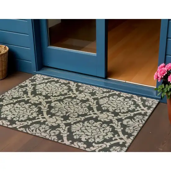 Gray Floral Stain Resistant Indoor Outdoor Area Rug Photo 1