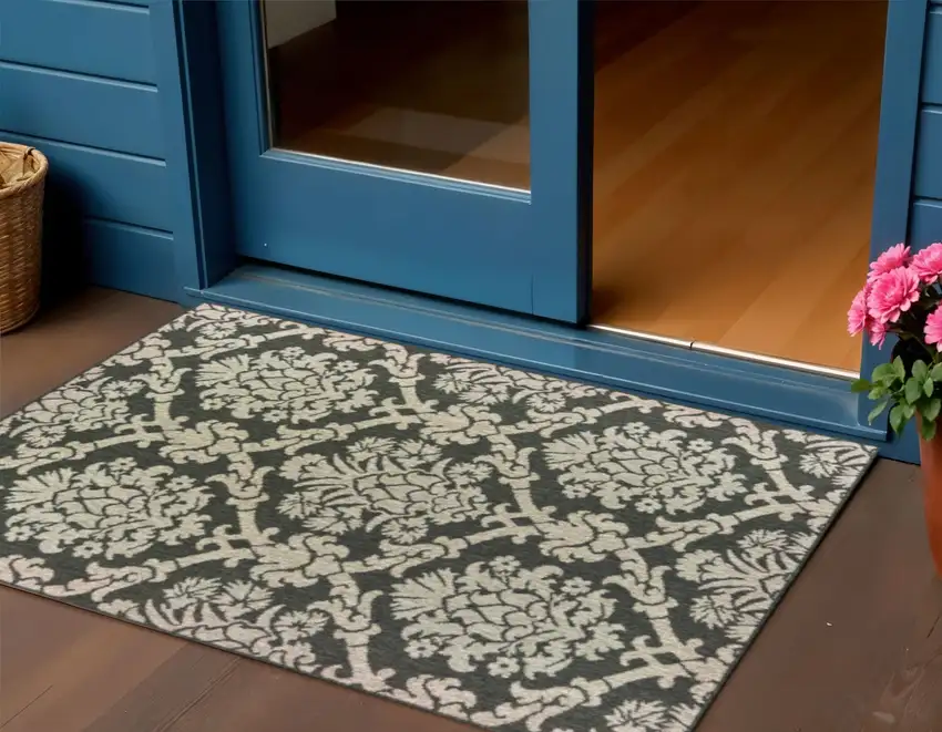 Gray Floral Stain Resistant Indoor Outdoor Area Rug Photo 1