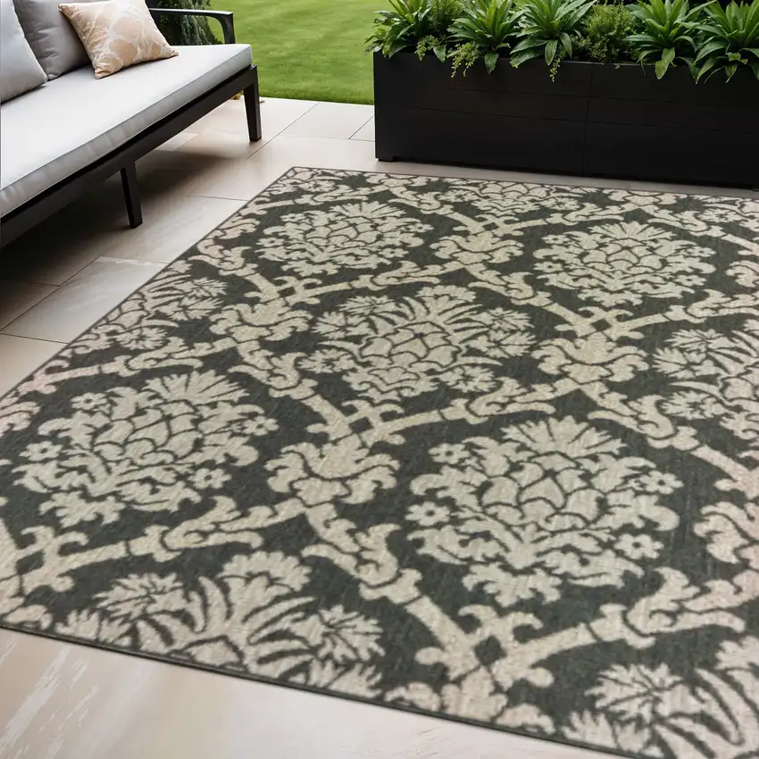 Gray Floral Stain Resistant Indoor Outdoor Area Rug Photo 1
