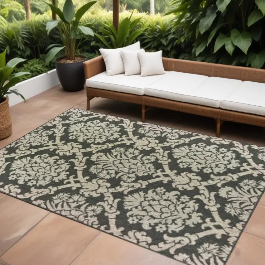 Gray Floral Stain Resistant Indoor Outdoor Area Rug Photo 1