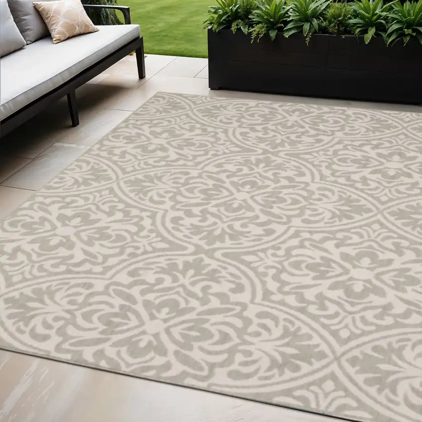 Gray and Ivory Floral Stain Resistant Indoor Outdoor Area Rug Photo 1