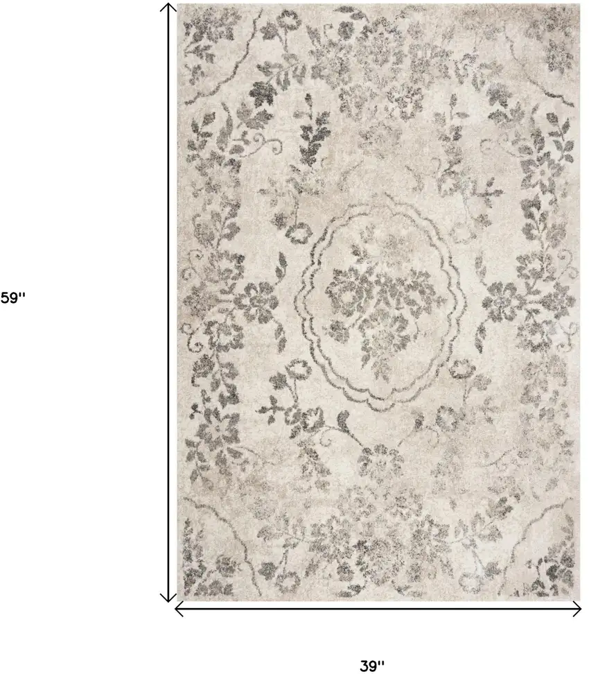 Gray Floral Vines Distressed Area Rug Photo 3
