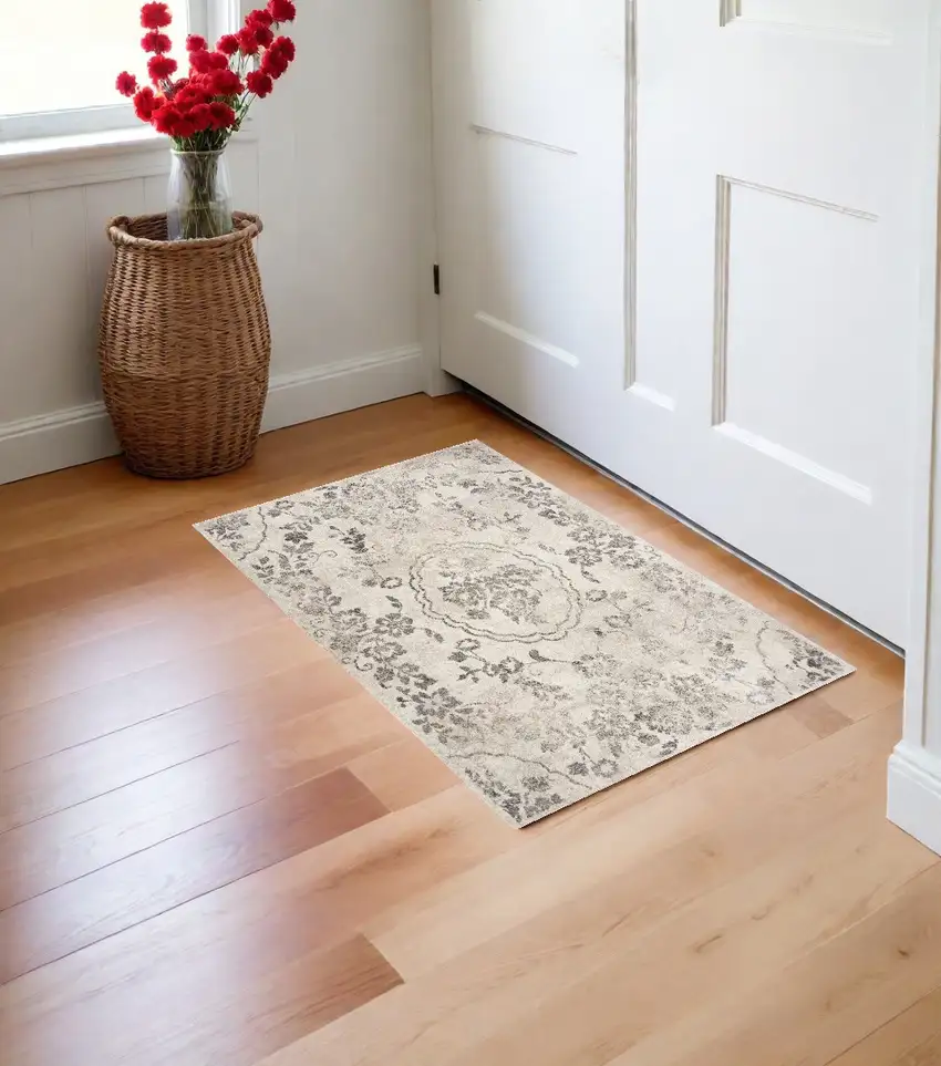 Gray Floral Vines Distressed Area Rug Photo 1