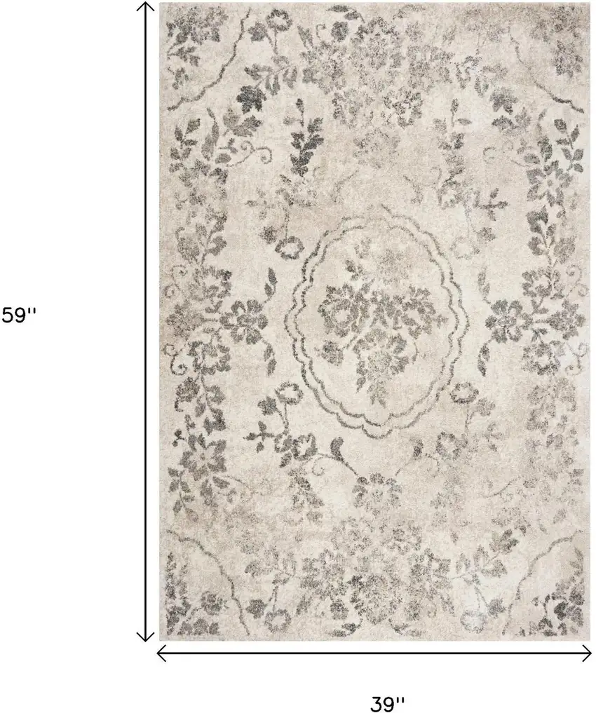 Gray And Tan Floral Distressed Area Rug Photo 3