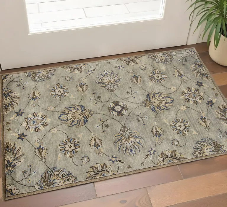 Grey Floral Vines Wool Area Rug Photo 5