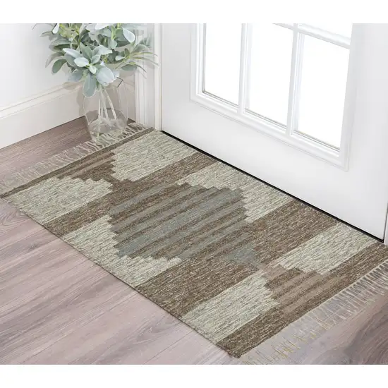 Grey Geometric Flatweave Handmade Stain Resistant Area Rug With Fringe Photo 1