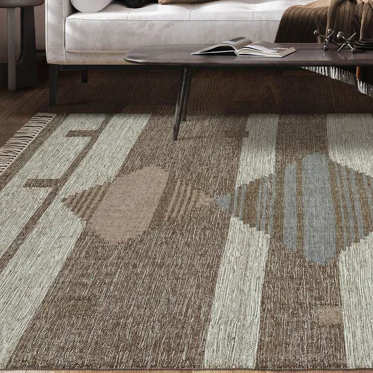 Grey Geometric Flatweave Handmade Stain Resistant Area Rug With Fringe Photo 5