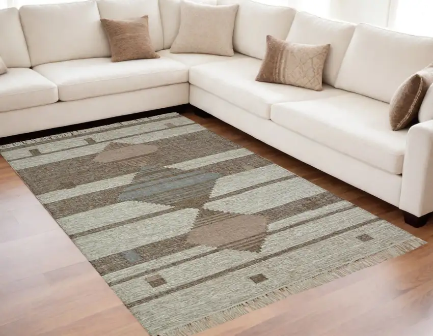 Gray Geometric Flatweave Handmade Area Rug With Fringe Photo 1