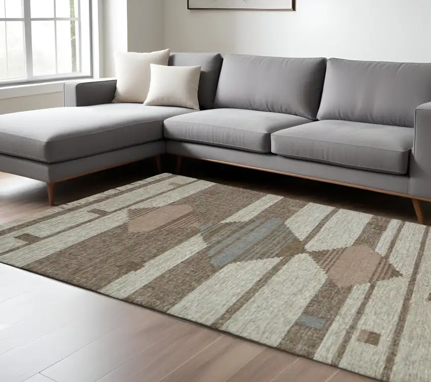 Gray And Brown Geometric Flatweave Handmade Area Rug With Fringe Photo 1