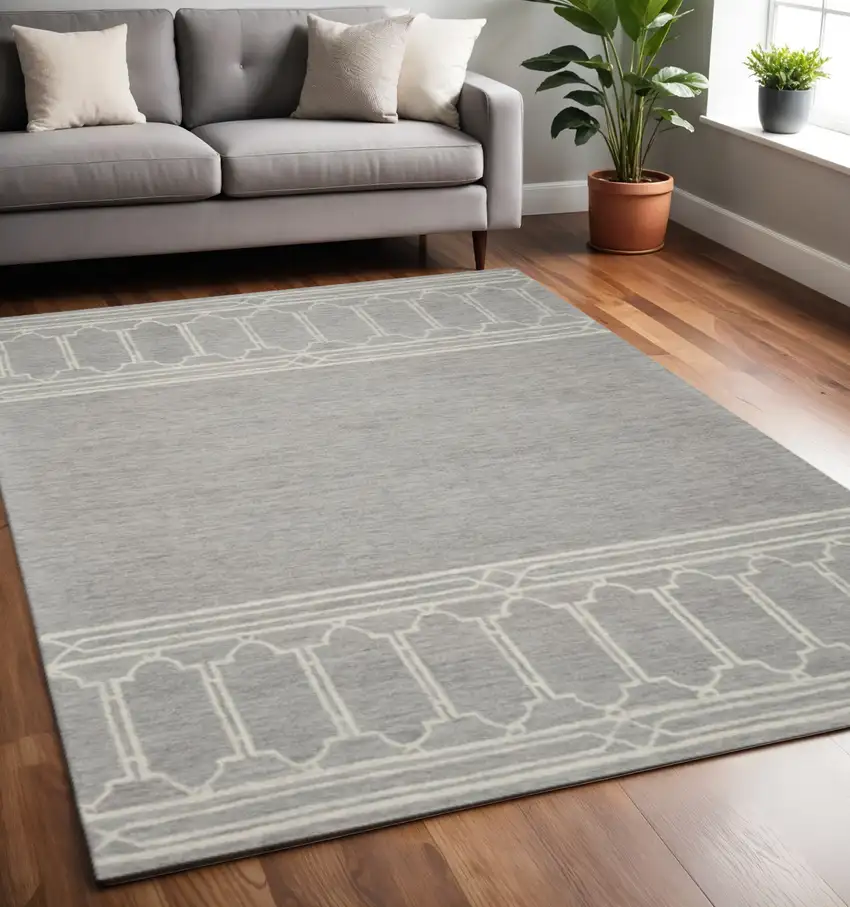 Gray And Ivory Wool Geometric Hand Hooked Area Rug Photo 1
