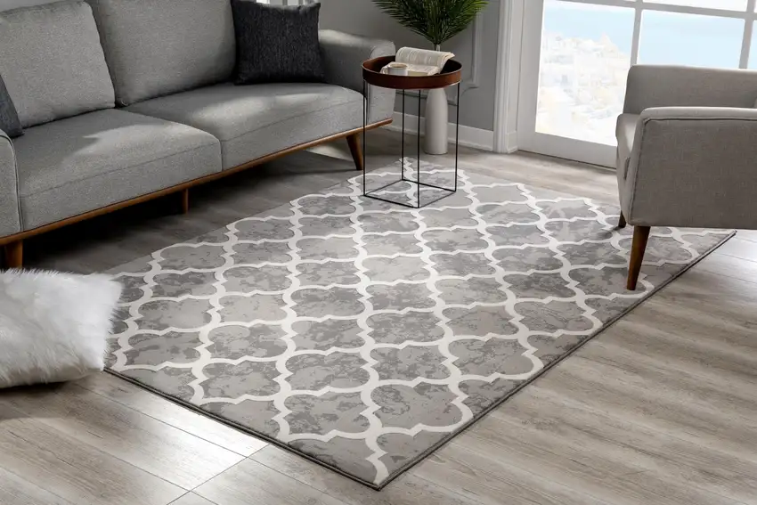 Grey Geometric Power Loom Stain Resistant Area Rug Photo 7