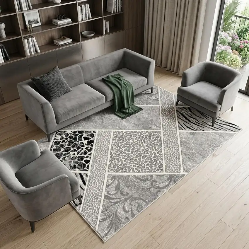 Grey Geometric Power Loom Stain Resistant Area Rug Photo 1