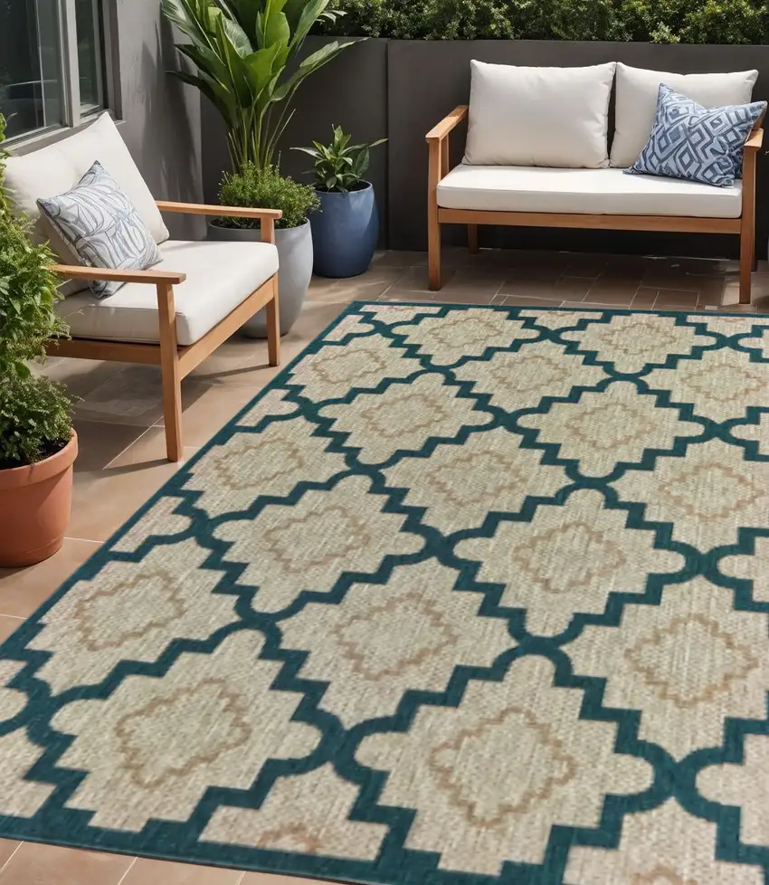 Blue and Gray Geometric Stain Resistant Indoor Outdoor Area Rug Photo 5